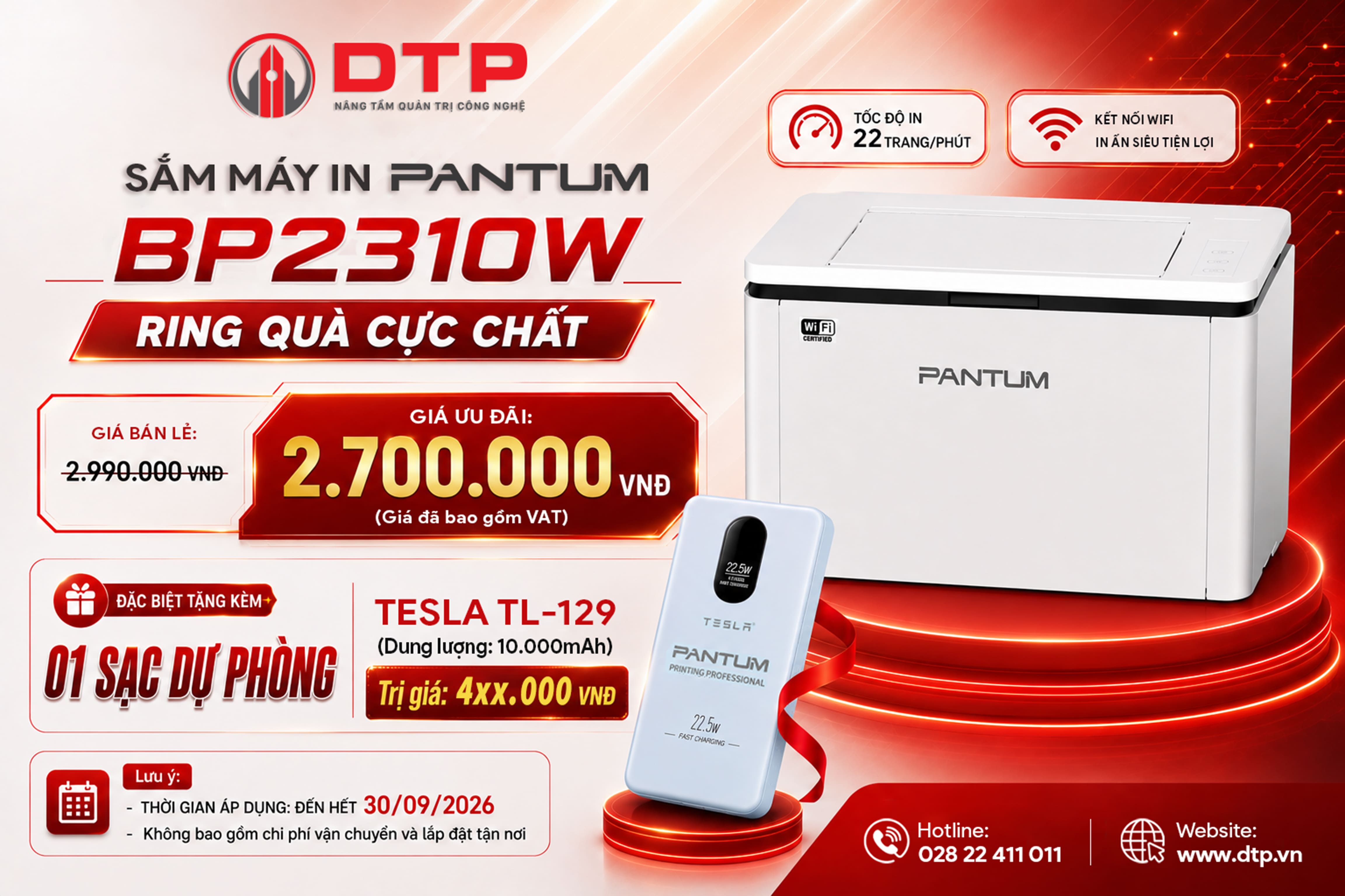 Mua Pantum BP2310W, Tặng Ngay Sạc Dự Phòng Tesla 10.000mAh