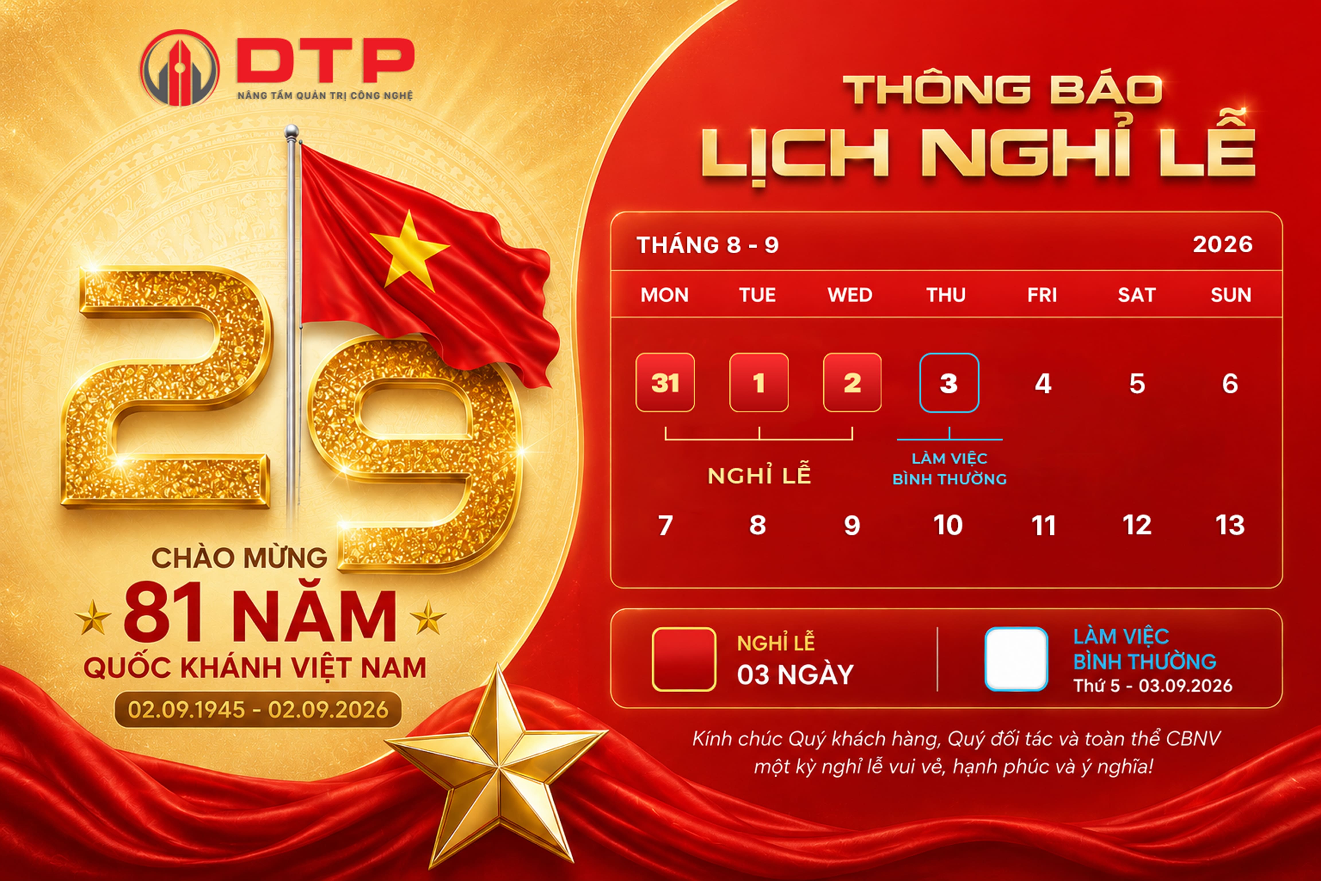 THÔNG BÁO LỊCH NGHỈ LỄ QUỐC KHÁNH 2/9/2026